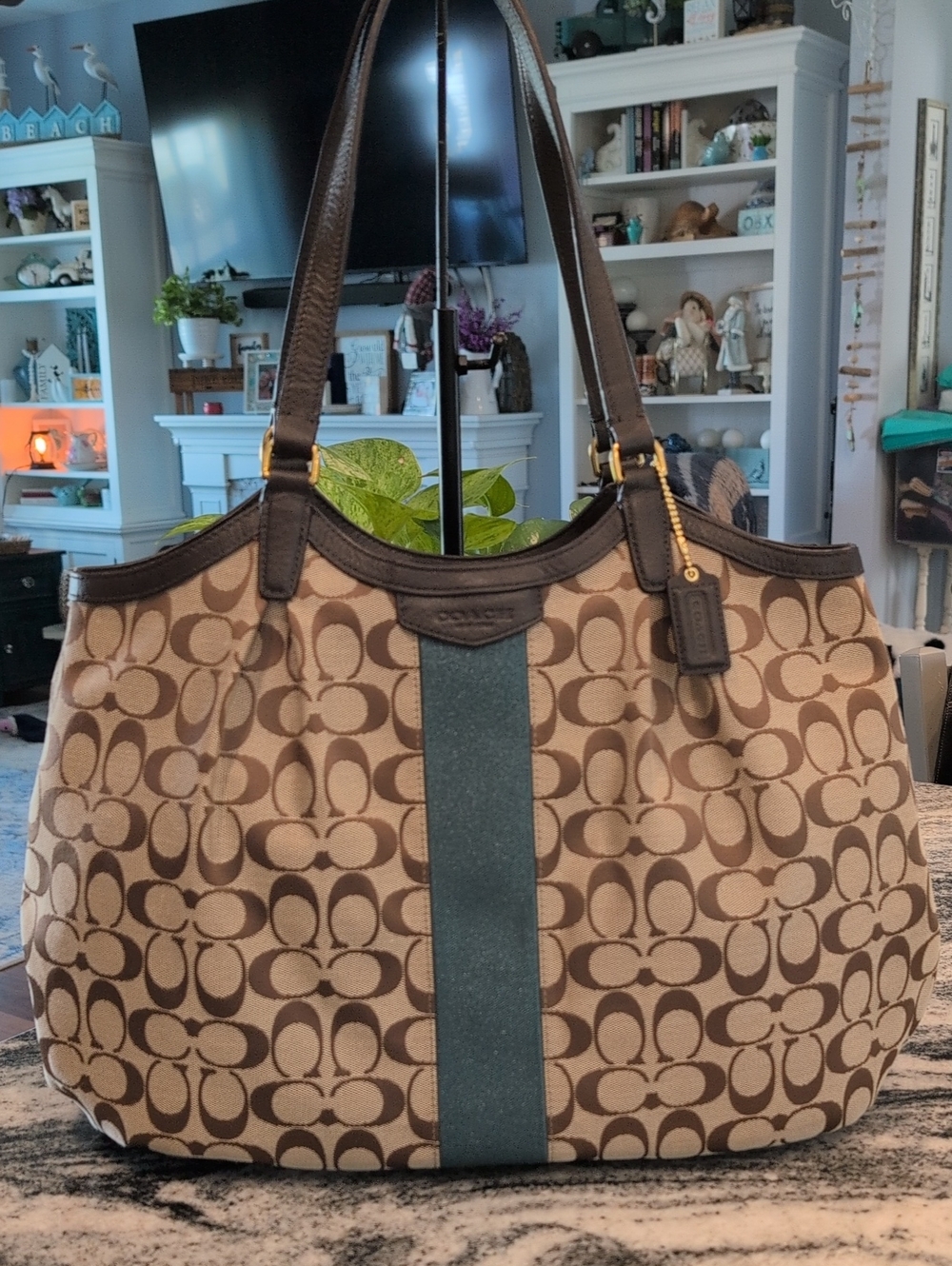 Coach Devin Signature Canvas Tote With Metallic Teal Stripe